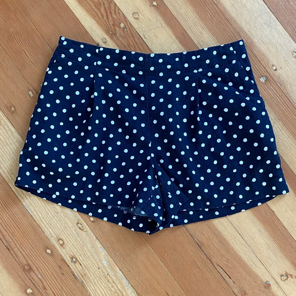 LOFT Navy Polka Dot Pleated‎ Linen Blend Pull On Shorts Medium